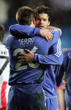 Michael Ballack (re.) und John Terry (beide Chelsea) - Torjubel - EDITORIAL USE ONLY. No use with unauthorised audio, video, data, fixture lists, club league logos or live services. Online in-match use limited to 120 images, no video emulation. No use in betting, games or single club league player publications. Fußball EC 1 Herren Champions League 2007 2008, Chelsea FC London Gruppe London Freude, Fußball EC 1 Herren Champions League 2007 2008, Chelsea FC London Gruppe London Freude,