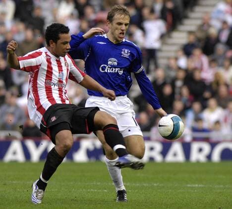 Kieran Richardson (Sunderland, li.) gegen Phil Neville (Everton) jubeln - EDITORIAL USE ONLY. No use with unauthorised audio, video, data, fixture lists, club league logos or live services. Online in-match use limited to 120 images, no video emulation. No use in betting, games or single club league player publications. Fußball Herren English Premier League 2007 2008, 1. Englische Liga, Sunderland FC - FC Everton 0:1 Gruppe Sunderland Dynamik, Fußball Herren English Premier League 2007 2008, 1. Englische Liga, Sunderland FC - FC Everton 0:1 Gruppe Sunderland Dynamik,