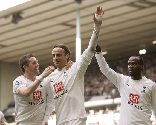 Torjubel Tottenham Hotspur, v.li.: Robbie Keane, Dimitar Berbatov und Pascal Chimbonda - Fußball Herren English Premier League 2007 2008, 1. Englische Liga, Tottenham Hotspurs, Spurs Gruppe London Freude, Fußball Herren English Premier League 2007 2008, 1. Englische Liga, Tottenham Hotspurs, Spurs Gruppe London Freude,