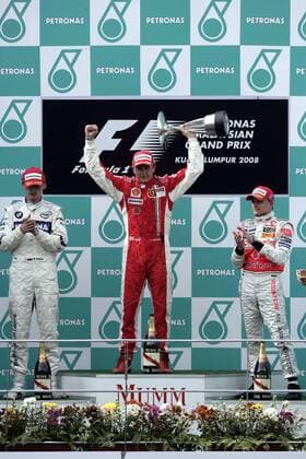 Siegerehrung GP von Malaysia - V.li. Robert Kubica (Polen BMW Sauber), Sieger Kimi Räikkönen (Ferrari) und Heikki Kovalainen (McLaren Mercedes beide Finnland) Motorsport Grand Prix Herren Großer Preis von Malaysia 2008, Formel 1 Weltmeisterschaft, F1, F, GP, WM Gruppe Kuala Lumpur Sepang Freude, Motorsport Grand Prix Herren Großer Preis von Malaysia 2008, Formel 1 Weltmeisterschaft, F1, F, GP, WM Gruppe Kuala Lumpur Sepang Freude,