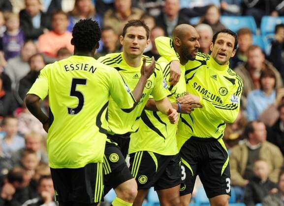Frank Lampard (2.v.li.), Nicolas Anelka (2.v.re.), Juliano Belletti (re.) und Michael Essien (alle Chelsea) - Torjubel - EDITORIAL USE ONLY. No use with unauthorised audio, video, data, fixture lists, club league logos or live services. Online in-match use limited to 120 images, no video emulation. No use in betting, games or single club league player publications. Fußball Herren English Premier League 2007 2008, 1. Englische Liga, Chelsea FC London Gruppe premiumd Manchester Freude, Fußball Herren English Premier League 2007 2008, 1. Englische Liga, Chelsea FC London Gruppe premiumd Manchester Freude,