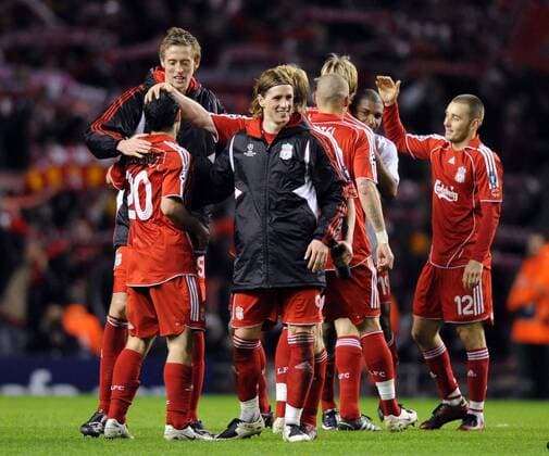 Schlußjubel Liverpool - EDITORIAL USE ONLY. No use with unauthorised audio, video, data, fixture lists, club league logos or live services. Online in-match use limited to 120 images, no video emulation. No use in betting, games or single club league player publications. Fußball EC 1 Herren Champions League 2007 2008, Liverpool FC Gruppe Liverpool Freude, Fußball EC 1 Herren Champions League 2007 2008, Liverpool FC Gruppe Liverpool Freude,