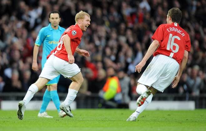 Paul Scholes (li.) und Michael Carrick (beide Manchester United) - Torjubel - EDITORIAL USE ONLY. No use with unauthorised audio, video, data, fixture lists, club league logos or live services. Online in-match use limited to 120 images, no video emulation. No use in betting, games or single club league player publications. Fußball EC 1 Herren Champions League 2007 2008, Halbfinale, Manchester United - FC Barcelona 1:0, Barca, ManU Gruppe Manchester Freude, Begeisterung, Fußball EC 1 Herren Champions League 2007 2008, Halbfinale, Manchester United - FC Barcelona 1:0, Barca, ManU Gruppe Manchester Freude, Begeisterung,
