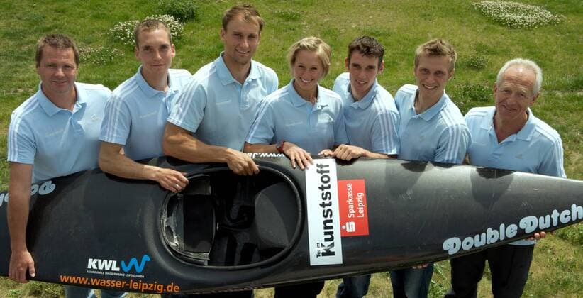 Deutscher Olympiakader v.li.: Disziplin Gruppentrainer Sven Peiler, Sebastian Piersig (Canadier Zweier), Alexander Grimm (Kajak Einer), Jennifer Bongardt (Kajak Einer), Jan Benzien (Canadier Einer), Felix Michel (Canadier Zweier), Bundestrainer .. Kanu OS Sommer Kanusport 2008, Olympische Sommerspiele Peking, Vorschau, Spiele, Vorstellung Gruppe Markkleeberg