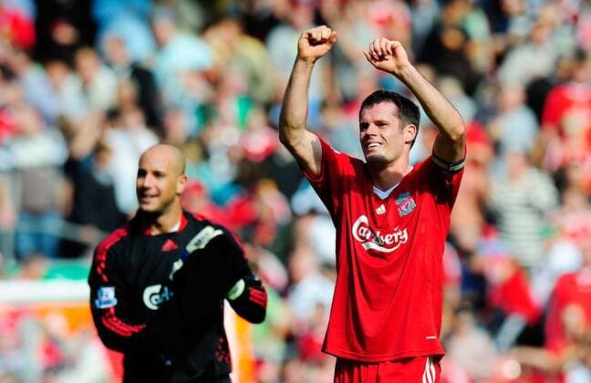 Jamie Carragher (Liverpool, re.) - Schlußjubel - EDITORIAL USE ONLY. No use with unauthorised audio, video, data, fixture lists, club league logos or live services. Online in-match use limited to 120 images, no video emulation. No use in betting, games or single club league player publications. Fußball Herren English Premier League 2008 2009, 1. Englische Liga, FC Liverpool Einzelbild Liverpool Begeisterung, Freude,