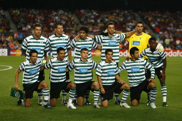 Mannschaftsbild Sporting Lissabon hi.v.li.: Fabio Rochemback, Anderson Polga, Abel, Tonel, Torwart Rui Patricio, vorn: Joao Moutinho, Derlei, Marat Izmailov, Leandro Romagnoli,... - - NOxONLINExUSE Fußball EC 1 Herren Champions League 2008 2009, Vdig Totale Barcelona
