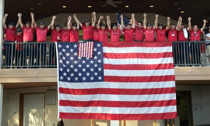Team USA, Ryder Cup Sieger 2008, v.li.: Jim Furyk, Justin Leonard, Phil Mickelson, Kenny Perry, Chad Campbell, Steve Stricker, Hunter Mahan, Stewart Cink, Co Kapitän Raymond Floyd, Anthony Kim ... - (LOU20080912108) Golf Herren Ryder Cup 2008, Rydercup Totale Louisville
