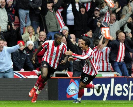Djibril Cisse (li.) und Kieran Richardson (beide Sunderland) - Torjubel - EDITORIAL USE ONLY. No use with unauthorised audio, video, data, fixture lists, club league logos or live services. Online in-match use limited to 120 images, no video emulation. No use in betting, games or single club league player publications. Fußball Herren English Premier League 2008 2009, 1. Englische Liga, AFC Sunderland, FC Gruppe Sunderland Freude, Begeisterung,