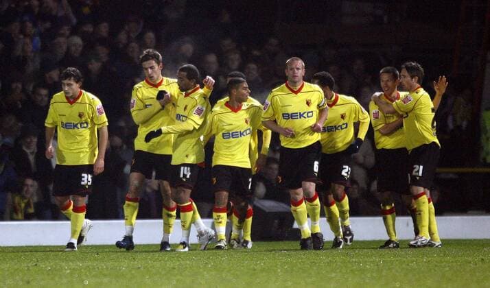 Torjubel Watford - Torschütze Tamas Priskin (2.v.li.) lässt sich feiern - EDITORIAL USE ONLY. No use with unauthorised audio, video, data, fixture lists, club league logos or live services. Online in-match use limited to 120 images, no video emulation. No use in betting, games or single club league player publications. Fußball Herren Carling Cup 2008 2009, League, Ligapokal, Pokal, Pokalspiel, Watford FC Totale Watford Freude,