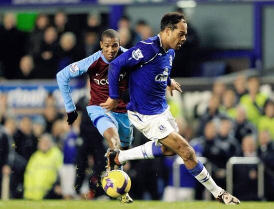 Jolean Lescott (Everton, re.) gegen Ashley Young (Aston Villa) - EDITORIAL USE ONLY. No use with unauthorised audio, video, data, fixture lists, club league logos or live services. Online in-match use limited to 120 images, no video emulation. No use in betting, games or single club league player publications. Fußball Herren English Premier League 2008 2009, 1. Englische Liga, Everton FC - Aston Villa 2:3 Gruppe Liverpool Anstrengung,