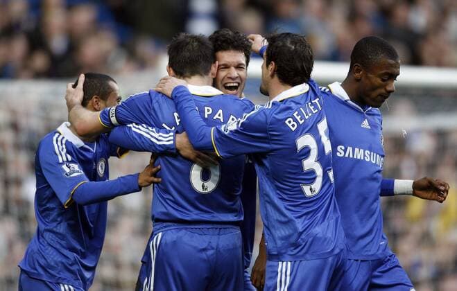 Michael Ballack (Mitte), Frank Lampard, Juliano Belletti und Ashley Cole (alle Chelsea) - Torjubel - EDITORIAL USE ONLY. No use with unauthorised audio, video, data, fixture lists, club league logos or live services. Online in-match use limited to 120 images, no video emulation. No use in betting, games or single club league player publications. Fußball Herren English FA Cup 2008 2009, englischer Pokal, Pokalspiel, FC Chelsea London, Gruppe London Freude, Kameradschaft,