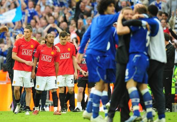 Federico Macheda (li.) enttäuscht neben Anderson (2.v.li.) und Darron Gibson (alle Manchester United, 3.v.li.) während die Spieler aus Everton jubeln - EDITORIAL USE ONLY. No use with unauthorised audio, video, data, fixture lists, club league logos or live services. Online in-match use limited to 120 images, no video emulation. No use in betting, games or single club league player publications. Fußball Herren FA Cup 2008 2009, Pokal, Pokalspiel, Manchester United - FC Everton 2:4 n.E., ManU, Vdig Gruppe o0 London Enttäuschung,
