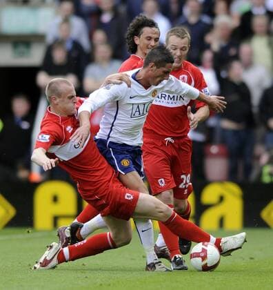 David Wheater (Middlesbrough, li.) gegen Federico Macheda (Manchester United) - EDITORIAL USE ONLY. No use with unauthorised audio, video, data, fixture lists, club league logos or live services. Online in-match use limited to 120 images, no video emulation. No use in betting, games or single club league player publications. Fußball Herren English Premier League 2008 2009, 1. Englische Liga, Middlesbrough FC - ManU 0:2 Gruppe Middlesbrough Dynamik, Kampf,