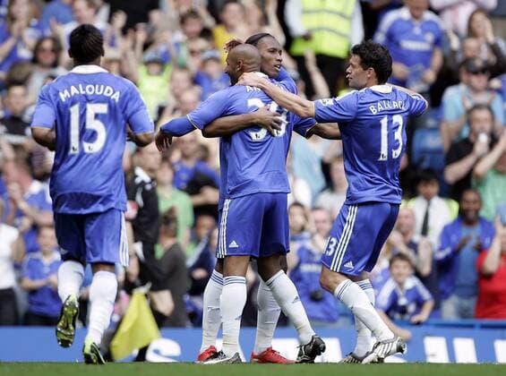 Torjubel Chelsea v.re.: Michael Ballack, Didier Drogba, Nicolas Anelka - EDITORIAL USE ONLY. No use with unauthorised audio, video, data, fixture lists, club league logos or live services. Online in-match use limited to 120 images, no video emulation. No use in betting, games or single club league player publications. Fußball Herren English Premier League 2008 2009, 1. Englische Liga, FC Gruppe London Freude,
