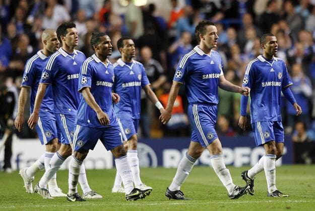 Enttäuschung Chelsea, v.re.: Ashley Cole, John Terry, Florent Malouda, Michael Ballack und Alex - EDITORIAL USE ONLY. No use with unauthorised audio, video, data, fixture lists, club league logos or live services. Online in-match use limited to 120 images, no video emulation. No use in betting, games or single club league player publications. Fußball EC 1 Herren Champions League Halbfinale 2008 2009, FC Gruppe London