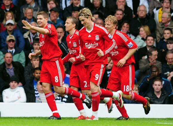 Torjubel Liverpool, v.li.: Steven Gerrard, Lucas Leiva, Fernando Torres und Dirk Kuyt - EDITORIAL USE ONLY. No use with unauthorised audio, video, data, fixture lists, club league logos or live services. Online in-match use limited to 120 images, no video emulation. No use in betting, games or single club league player publications. Fußball Herren English Premier League 2008 2009, 1. Englische Liga, Liverpool FC Gruppe West Bromwich Freude,