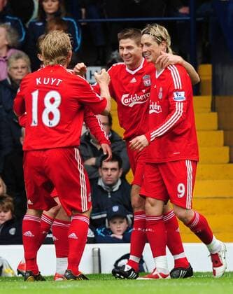 Torjubel Liverpool, v.re.: Fernando Torres, Steven Gerrard und Dirk Kuyt - EDITORIAL USE ONLY. No use with unauthorised audio, video, data, fixture lists, club league logos or live services. Online in-match use limited to 120 images, no video emulation. No use in betting, games or single club league player publications. Fußball Herren English Premier League 2008 2009, 1. Englische Liga, Liverpool FC Gruppe West Bromwich Freude,