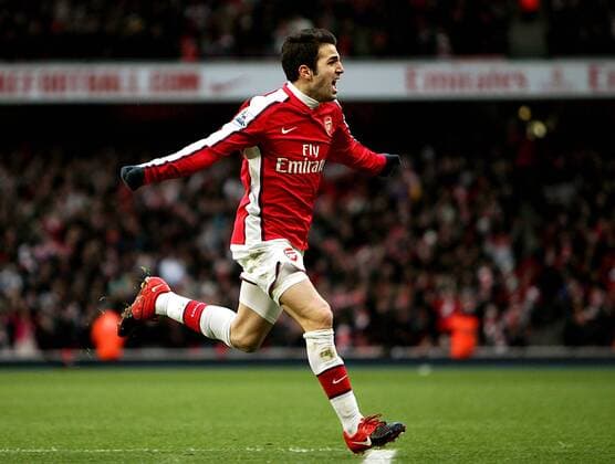 Cesc Fabregas of Arsenal celebrates, Barclays Premier League Arsenal v Aston Villa 27th December, 2009 EDITORIAL USE ONLY. No use with unauthorised audio, video, data, fixture lists, club league logos or live services. Online in-match use limited to 120 images, no video emulation. No use in betting, games or single club league player publications. o0 FC London, Jubel, Freude