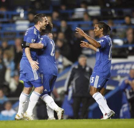 Chelsea s Frank Lampard (L) celebrates scoring his sides second goal , Barclays Premier League, Chelsea FC London - Birmingham City, 27th January, 2010 - EDITORIAL USE ONLY. No use with unauthorised audio, video, data, fixture lists, club league logos or live services. Online in-match use limited to 120 images, no video emulation. No use in betting, games or single club league player publications. o0 Jubel, Freude