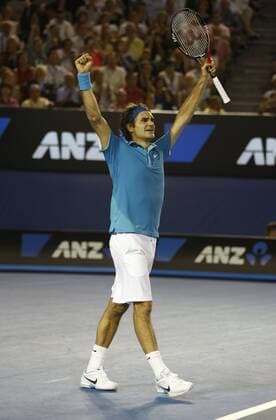 Australien, Melbourne, Sport, Tennis, Grand Slam Tournament, Melbourne Park, Australian Open 2010, Herren Endspiel,Finale, Roger Federer (SUI) reisst die Arme hoch und jubelt nach seinem Finalsieg,Emotion o0 Jubel Freude Sieg, Sieger