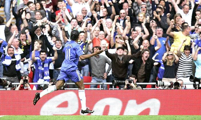 Didier Drogba of Chelsea celebrates scoring his side s first goal EON FA Cup Semi Final - Aston Villa (red blue) v FC Chelsea (blue) - 10th April, 2010 EDITORIAL USE ONLY. No use with unauthorised audio, video, data, fixture lists, club league logos or live services. Online in-match use limited to 120 images, no video emulation. No use in betting, games or single club league player publications.