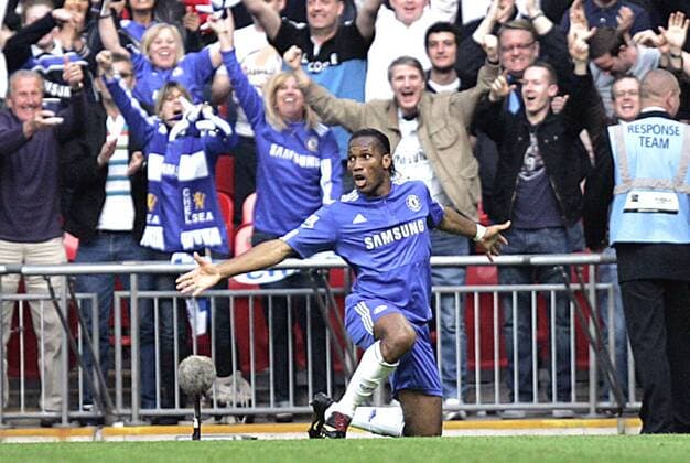Didier Drogba of Chelsea celebrates scoring his side s first goal EON FA Cup Semi Final - Aston Villa (red blue) v FC Chelsea (blue) - 10th April, 2010 EDITORIAL USE ONLY. No use with unauthorised audio, video, data, fixture lists, club league logos or live services. Online in-match use limited to 120 images, no video emulation. No use in betting, games or single club league player publications.