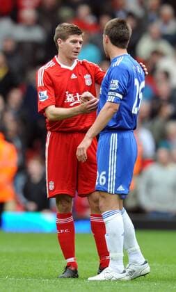 Steven Gerrard (L) of Liverpool congratulates John Terry of Chelsea , Barclays Premier League, FC Liverpool v Chelsea FC London, 2nd May, 2010 EDITORIAL USE ONLY. No use with unauthorised audio, video, data, fixture lists, club league logos or live services. Online in-match use limited to 120 images, no video emulation. No use in betting, games or single club league player publications.