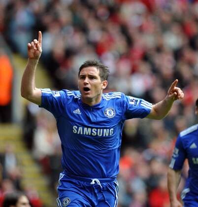 Frank Lampard of Chelsea celebrates scoring the second goal , Barclays Premier League, FC Liverpool v Chelsea FC London, 2nd May, 2010 EDITORIAL USE ONLY. No use with unauthorised audio, video, data, fixture lists, club league logos or live services. Online in-match use limited to 120 images, no video emulation. No use in betting, games or single club league player publications. o0 Jubel, Freude