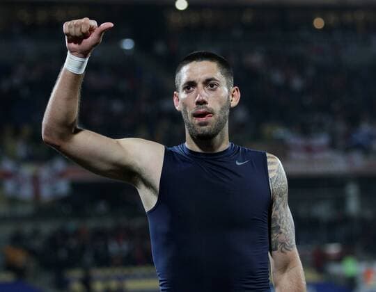USA s Clint Dempsey celebrates at the ending whistle, FIFA World Cup 2010 Group C, England - USA 12th June, 2010 - EDITORIAL USE ONLY. No use with unauthorised audio, video, data, fixture lists, club league logos or live services. Online in-match use limited to 120 images, no video emulation. No use in betting, games or single club league player publications. o0 Jubel, Freude