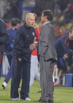 Bob Bradley (L) coach of USA shakes hands with Fabio Capello coach of England , FIFA World Cup 2010 Group C, England - USA 12th June, 2010 - EDITORIAL USE ONLY. No use with unauthorised audio, video, data, fixture lists, club league logos or live services. Online in-match use limited to 120 images, no video emulation. No use in betting, games or single club league player publications. o0 Nationaltrainer, Trainer