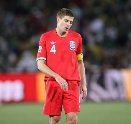 England s Steven Gerrard looks on dejected - FIFA World Cup 2010 Round of 16 Germany v England (red) - 27th June, 2010 - EDITORIAL USE ONLY. No use with unauthorised audio, video, data, fixture lists, club league logos or live services. Online in-match use limited to 120 images, no video emulation. No use in betting, games or single club league player publications.