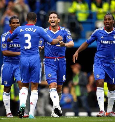(L-R) Florent Malouda, Ashley Cole, Frank Lampard and Didier Drogba of Chelsea celebrates scoring his side s fourth goal - Barclays Premier League, FC Chelsea vs. West Bromwich Albion 14th August, 2010 EDITORIAL USE ONLY. No use with unauthorised audio, video, data, fixture lists, club league logos or live services. Online in-match use limited to 120 images, no video emulation. No use in betting, games or single club league player publications. o0 Jubel Freude