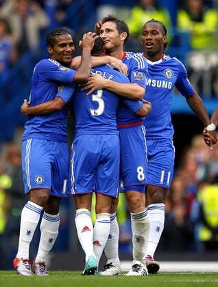 (L-R) Florent Malouda, Ashley Cole, Frank Lampard and Didier Drogba of Chelsea celebrates scoring his side s fourth goal - Barclays Premier League, FC Chelsea vs. West Bromwich Albion 14th August, 2010 EDITORIAL USE ONLY. No use with unauthorised audio, video, data, fixture lists, club league logos or live services. Online in-match use limited to 120 images, no video emulation. No use in betting, games or single club league player publications. o0 Jubel Freude