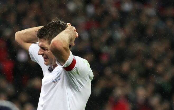 Englands Steven Gerrard looks on dejected - England (white) vs. France (blue) 1:2 EDITORIAL USE ONLY. No use with unauthorised audio, video, data, fixture lists, club league logos or live services. Online in-match use limited to 120 images, no video emulation. No use in betting, games or single club league player publications.