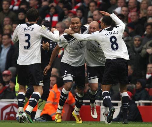 Arsenal FC London - Tottenham Hotspur - Younes Kaboul (2L) celebrates scoring a goal for Spurs. 3-2