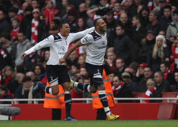 Arsenal FC London - Tottenham Hotspur - Younes Kaboul (R) celebrates scoring a goal for Spurs. 2-3