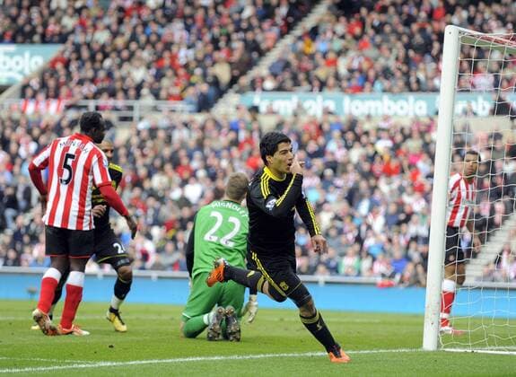 Liverpool s Luis Suarez celebrates scoring his side s second goal. Barclays Premier League AFC Sunderland vs. FC Liverpool 20th March, 2011 EDITORIAL USE ONLY. No use with unauthorised audio, video, data, fixture lists, club league logos or live services. Online in-match use limited to 120 images, no video emulation. No use in betting, games or single club league player publications. o0 Jubel Freude