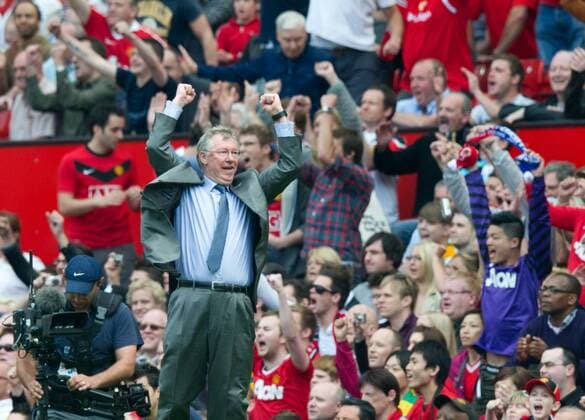Sir Alex Ferguson coach of Manchester United jumps for joy in the English Premier League football match between Manchester United ManU (red) and Everton FC (blue) at Old Trafford, Manchester, England, on April 23, 2011. EDITORIAL USE ONLY. No use with unauthorised audio, video, data, fixture lists, club league logos or live services. Online in-match use limited to 120 images, no video emulation. No use in betting, games or single club league player publications.