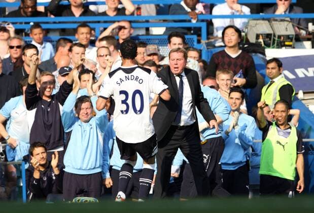 Tottenhams Sandro celebrates scoring his sides opening goal with coach Harry Redknapp --- Barclays Premier League - FC Chelsea London (blue) vs Tottenham Hotspur (white), 30th April, 2011 EDITORIAL USE ONLY. No use with unauthorised audio, video, data, fixture lists, club league logos or live services. Online in-match use limited to 120 images, no video emulation. No use in betting, games or single club league player publications. o0 Jubel Freude