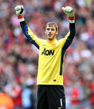 Manchester Uniteds David De Gea celebrates his sides third goal Community Shield Manchester City vs Manchester United ManU 7th August, 2011 EDITORIAL USE ONLY. No use with unauthorised audio, video, data, fixture lists, club league logos or live services. Online in-match use limited to 120 images, no video emulation. No use in betting, games or single club league player publications.