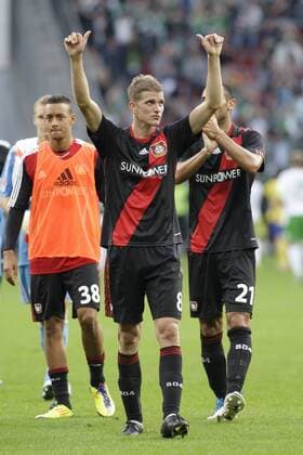 Leverkusen s Lars BENDER celebrates the victory during the German First Division match between Bayer 04 Leverkusen and Werder Bremen, Bayarena in Leverkusen on August 14., 2011.
