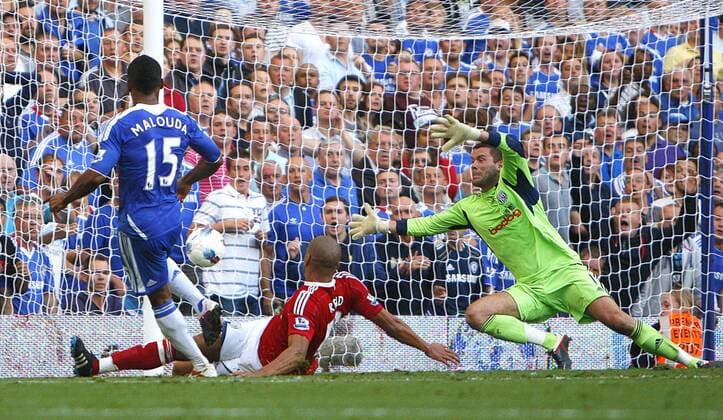 Florent Malouda of FC Chelsea scores his side s second goal during the English Premier League football match between Chelsea and West Bromwich Albion at Stamford Bridge, London, England, on August 20, 2011. Barclays Premier League Chelsea v West Bromwich Albion 20th August, 2011 EDITORIAL USE ONLY. No use with unauthorised audio, video, data, fixture lists, club league logos or live services. Online in-match use limited to 120 images, no video emulation. No use in betting, games or single club league player publications.