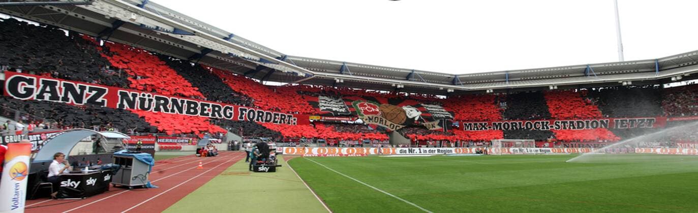 Panoramaaufnahme mit Nodalstativ, , Übersicht, Weitwinkel extrem, Fussball, 1. BL, 1. Bundesliga, Saison 2011 2012, Herren, 1. FC Nürnberg Fans fordern mit einer Choreografie die Umbenennung des Easy Credit Stadions in Max Morlock Stadion o0 Sportstätte, Stadion, Totale