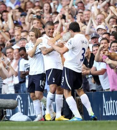 Tottenhams Kyle Walker celebrates scoring his sides second goal Barclays Premier League - Tottenham Hotspur vs. Arsenal FC London - 2nd October, 2011 EDITORIAL USE ONLY. No use with unauthorised audio, video, data, fixture lists, club league logos or live services. Online in-match use limited to 120 images, no video emulation. No use in betting, games or single club league player publications.