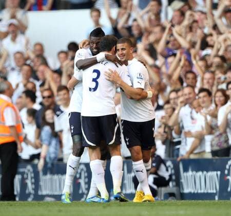 Tottenhams Kyle Walker celebrates scoring his sides second goal with Emmanuel Adebayor Barclays Premier League - Tottenham Hotspur vs. Arsenal FC London - 2nd October, 2011 EDITORIAL USE ONLY. No use with unauthorised audio, video, data, fixture lists, club league logos or live services. Online in-match use limited to 120 images, no video emulation. No use in betting, games or single club league player publications.