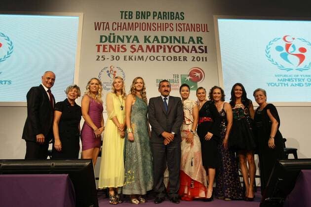 ISTANBUL, Turkey - The eight competitors at the TEB BNP Paribas WTA Tennis Damen Championships were split into their two round robin groups at the official draw ceremony Sunday night, with play set to begin at the 4.9-million year-end finale on Tuesday. 23.10.2011 RED GROUP: Carolina Wozniacki (3.L), Petra Kvitova (5.L), Vera Zvonareva (4.R), Agnieszka Radwanska WHITE GROUP: Maria Sharapova (4.L),Victoria Azarenka, Li Na (5.R), Samantha Stosur (3.R) Pictured: Caroline Wozniacki of Denmark, Maria Sharapova of Russia, Petra Kvitova of the Czech Republic, Na Li of China, Vera Zvonareva of Russia, Samantha Stosur of Poland, Agnieszka Radwanska of Poland.