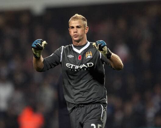Manchester Citys Joe Hart celebrates at the final whistle Barclays Premier League. Queens Park Rangers (QPR) vs Manchester City. 5th November, 2011 EDITORIAL USE ONLY. No use with unauthorised audio, video, data, fixture lists, club league logos or live services. Online in-match use limited to 120 images, no video emulation. No use in betting, games or single club league player publications.