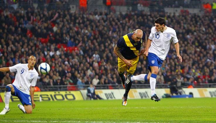 Gareth Barry of England scores his side s first goal during the friendly match between England and Sweden at Wembley Stadium, London, England, on November 15, 2011 International Friendly England v Sweden 15th November, 2011 EDITORIAL USE ONLY. No use with unauthorised audio, video, data, fixture lists, club league logos or live services. Online in-match use limited to 120 images, no video emulation. No use in betting, games or single club league player publications.