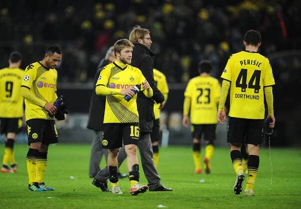 FUSSBALL CHAMPIONS LEAGUE SAISON 2011 2012 Borussia Dortmund - Olympique Marseille 06.12.2011 Antonio Da Silva, Jakub KUBA Blaszczykowski, Trainer Juergen Klopp, Shinji Kagawa und Ivan Perisic (v.l., alle Borussia Dortmund) sind nach dem Abpfiff enttaeuscht