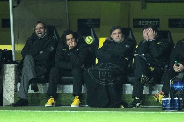 06-12-2011, Fussball, Saison 2011-2012, UEFA Champions League, Vorrunde, 6. Spieltag, Borussia Dortmund - Olympique Marseille 2-3 (v.li.) Trainer Jürgen Klopp (Borussia Dortmund), Co-Trainer Zeljko Buvac (Borussia Dortmund), Manager Michael Zorc (Borussia Dortmund) und Co-Trainer Peter Krawietz (Borussia Dortmund)